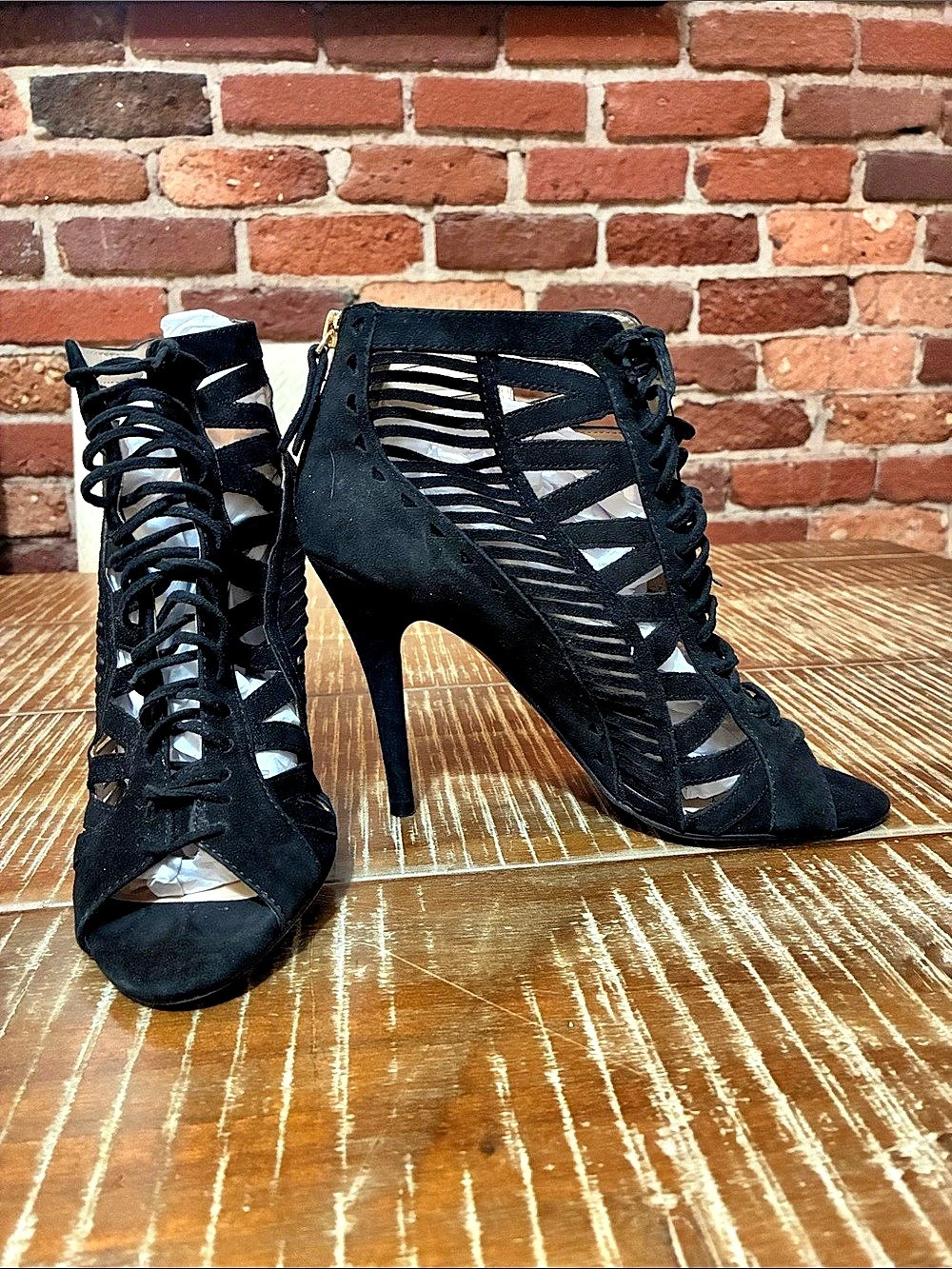 Black Cage Lace-Up High Heels